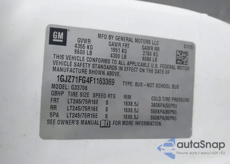 2015 GMC Savana 3500 Lt z USA, uszkodzony, nr VIN 1GJZ71FG4F1163369